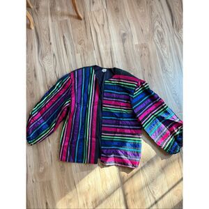 Vtg Multicolor Ribbon Black Cotton Medium Puffed Sleeve Tachi Castillo Mexico Bo